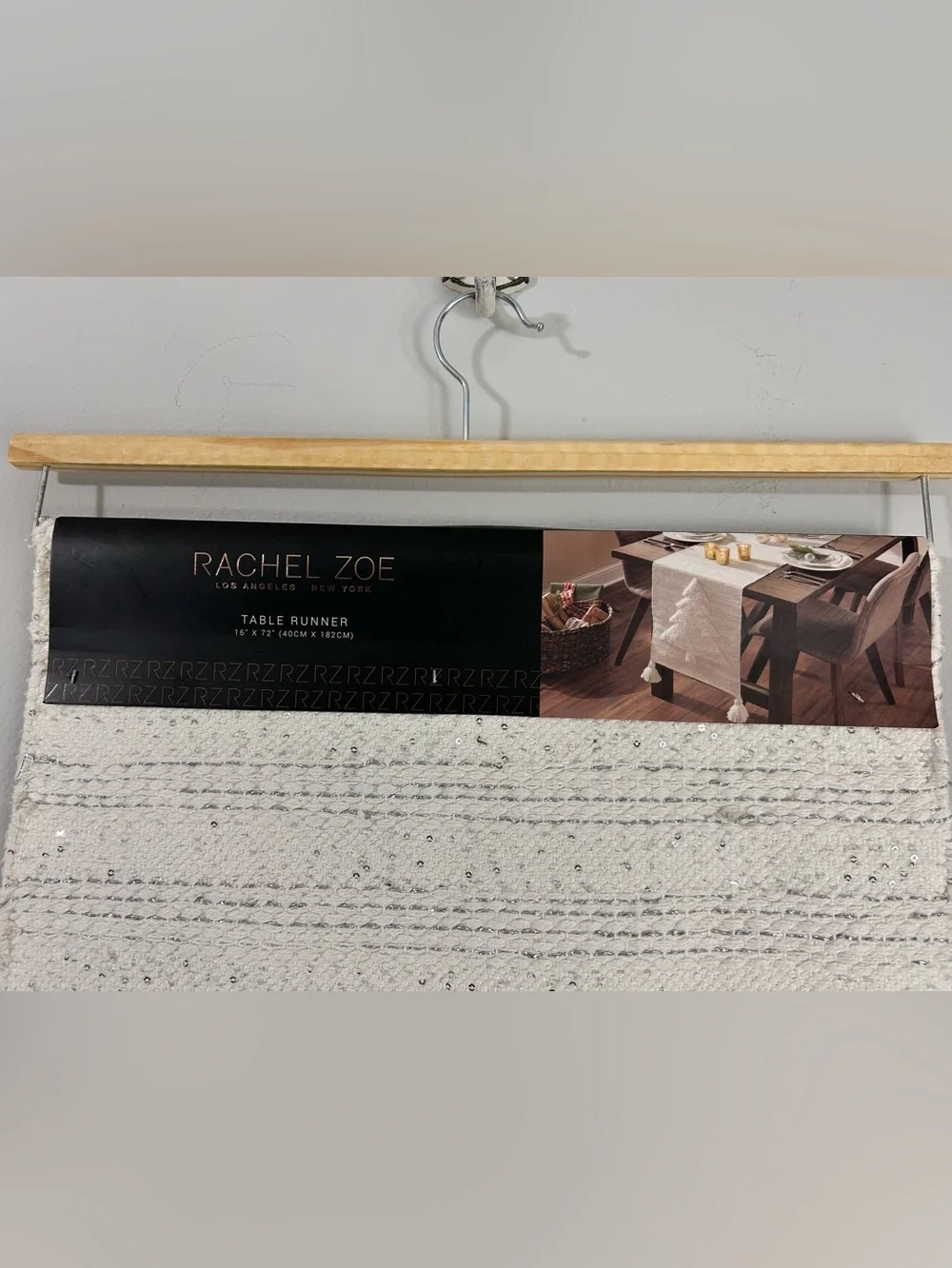 Rachel Zoe Creamy White Textured 16”x 72” Table Runner Tree Motif Silver Sequin